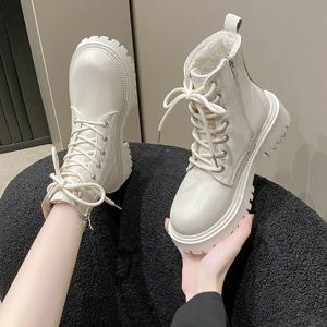 여성 부츠 2024 가을/겨울 신상 영국 스타일 플러시 패션 두꺼운 밑창 모터사이클 부츠 레이스 편안한 지퍼 스노우 부츠