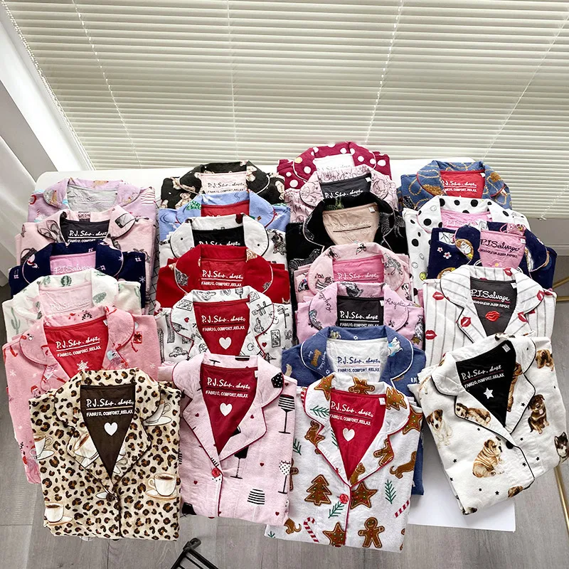 가을 겨울 여성 PJS 코튼 그라운드 울 잠옷 따뜻한 두꺼운 만화 긴 소매 바지 잠옷 숙녀 Homewear 월 의류