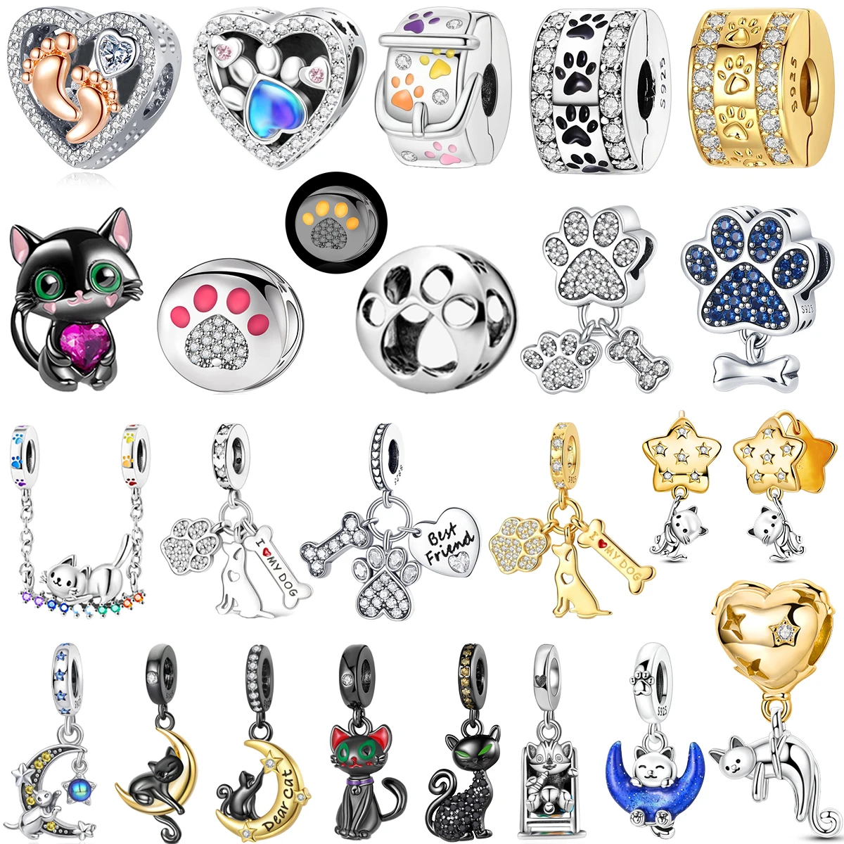 오리지널 925 스털링 실버 귀여운 검은 고양이 참 장식 달 모양 강아지 고양이 발바닥 비즈 펜던트 반지 팔찌 목걸이 DIY 쥬얼리 선물