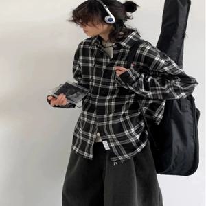 하우스 루프 레이지 캣 일본 레트로 컬리지 스타일 블랙 화이트 플래드 긴팔 남성 루즈핏 캐주얼 다용도 셔츠 봄 청년 패션