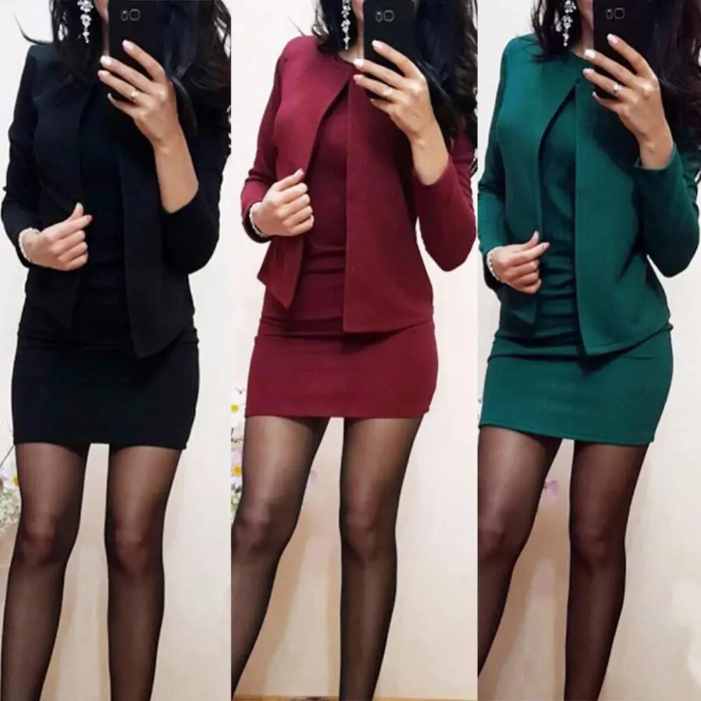 솔리드 컬러 민소매 Bodycon 드레스 O 넥 2개/세트 핫 오피스 레이디 짧은 코트 미니