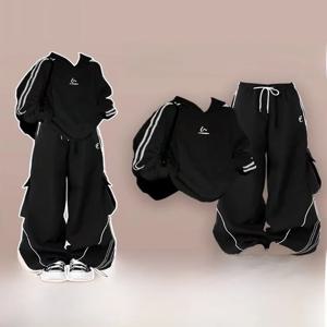 한국 스타일 후드티와 바지 세트 멋진 여성 스트릿 스타일 투피스 수트 대학생 패션 봄 가을 면 긴팔 긴바지