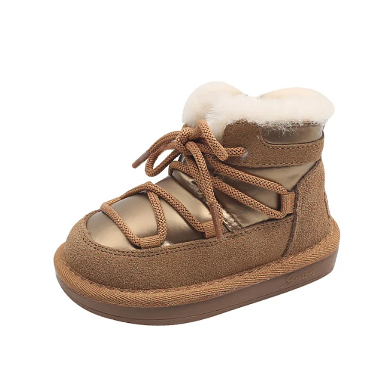 2024 새로운 겨울 어린이 스노우 부츠 가죽 따뜻한 플러시 유아 소년 신발 미끄럼 방지 패션 아기 소녀 부츠 1-6 년