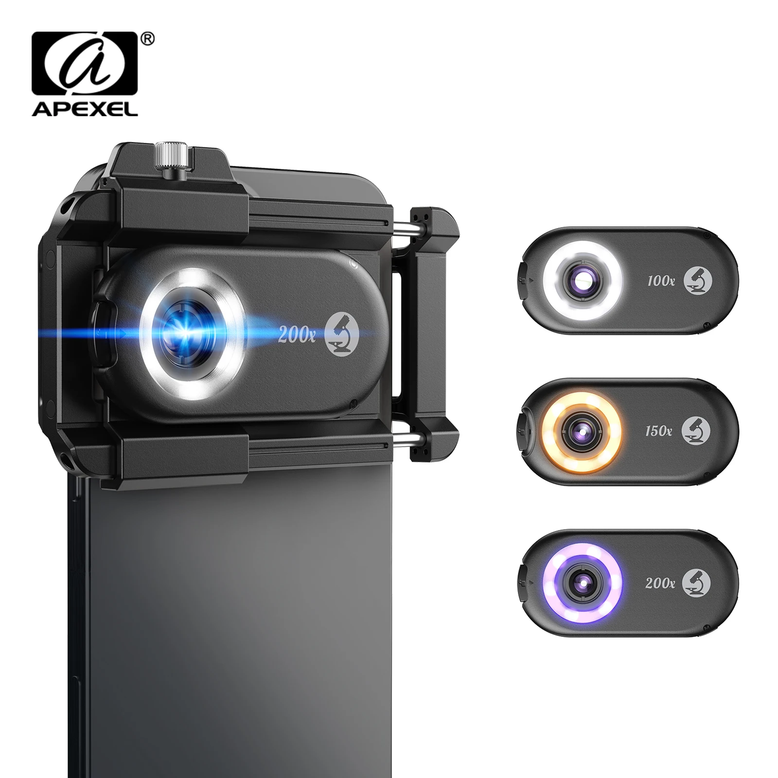 APEXEL 새로운 업그레이드된 100X-200X 현미경 렌즈 3in 1Phone 카메라 렌즈 키트 거의 모든 스마트폰용 LED 조명이 있는 매크로 렌즈