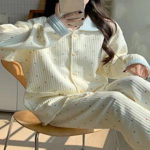 두꺼운 면 잠옷 세트 여성용 긴 소매 폴카 도트 홈 의류 따뜻한 통풍이 잘되는 면 잠옷 루즈핏 가을 겨울