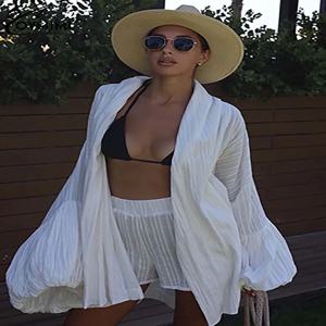 Oymimi 여성용 화이트 코튼 투피스 세트, 우아한 퍼프 소매, 루즈한 레이스업 셔츠, 하이웨이스트 반바지, 패션