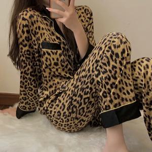 태국 봄과 가을 잠옷 세트 여성 패션 표범 인쇄 긴팔 잠옷 Loungewear Ladies Upscale Homewear