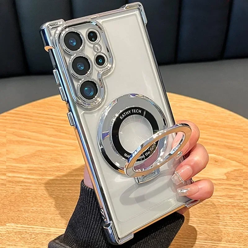 삼성 갤럭시 S25 S24 S23 S22 S20 FE 참고 20 울트라 스탠드 충격 방지 투명 뒷면 커버에 대한 고급 자기 도금 케이스