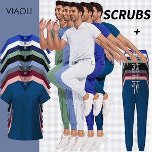여름 짧은 소매 작업복 여성 남성 유니폼 의사의 작업 탑 바지 캐주얼 조깅 세트 병원 의료 외과 유니폼
