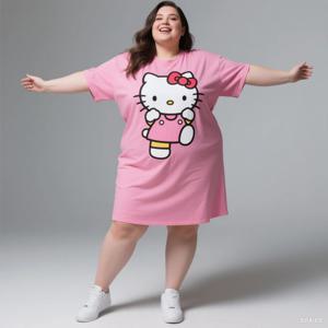 플러스 사이즈 여성용 여름 드레스 시원하고 상쾌한 반팔 키티 위장 프린트 디즈니 스티치 통기성