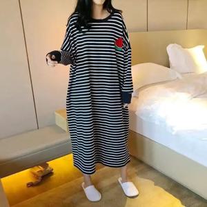 여성용 잠옷 긴팔 미디 드레스 루즈핏 플러스 사이즈 스트라이프 홈웨어 봄 여름 신상품 편안한 나이트가운