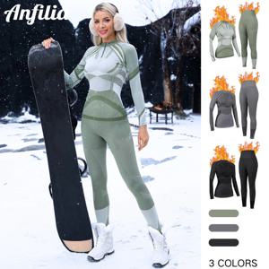 Anfilia 여성 스키 열 속옷 세트 수분 흡수 타이트 지퍼 크루 넥 홈용 원활한 니트베이스 레이어 롱 존스