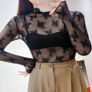 여성용 가을 겨울 신상 하이넥 레이스 이너탑, 고급스럽고 스타일리시한 우드이어 메쉬 셔츠