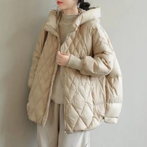화이트 덕 다운 패딩 재킷 여성용 후드 루즈 롱 다이아몬드 패턴 예술적 오버사이즈 코트 출퇴근 스타일 얇은 원단