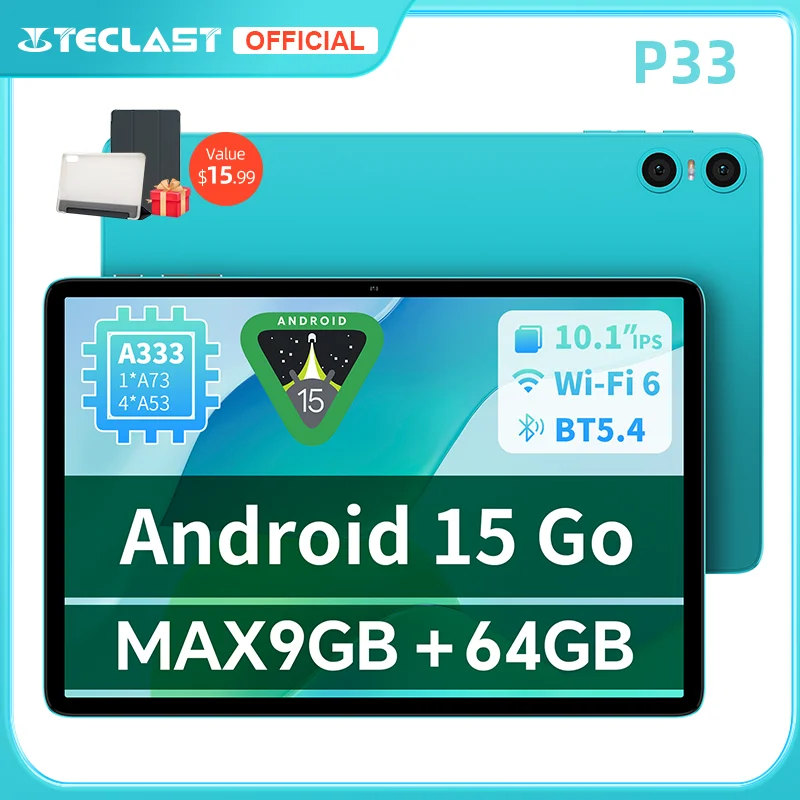 Teclast P33 안드로이드 15 태블릿 10.1인치 1280x800 IPS A333 5코어 최대 9GB 램 64GB 저장용량 6000mAh 타입-C 메탈 바디 태블릿 PC Wi-Fi 6