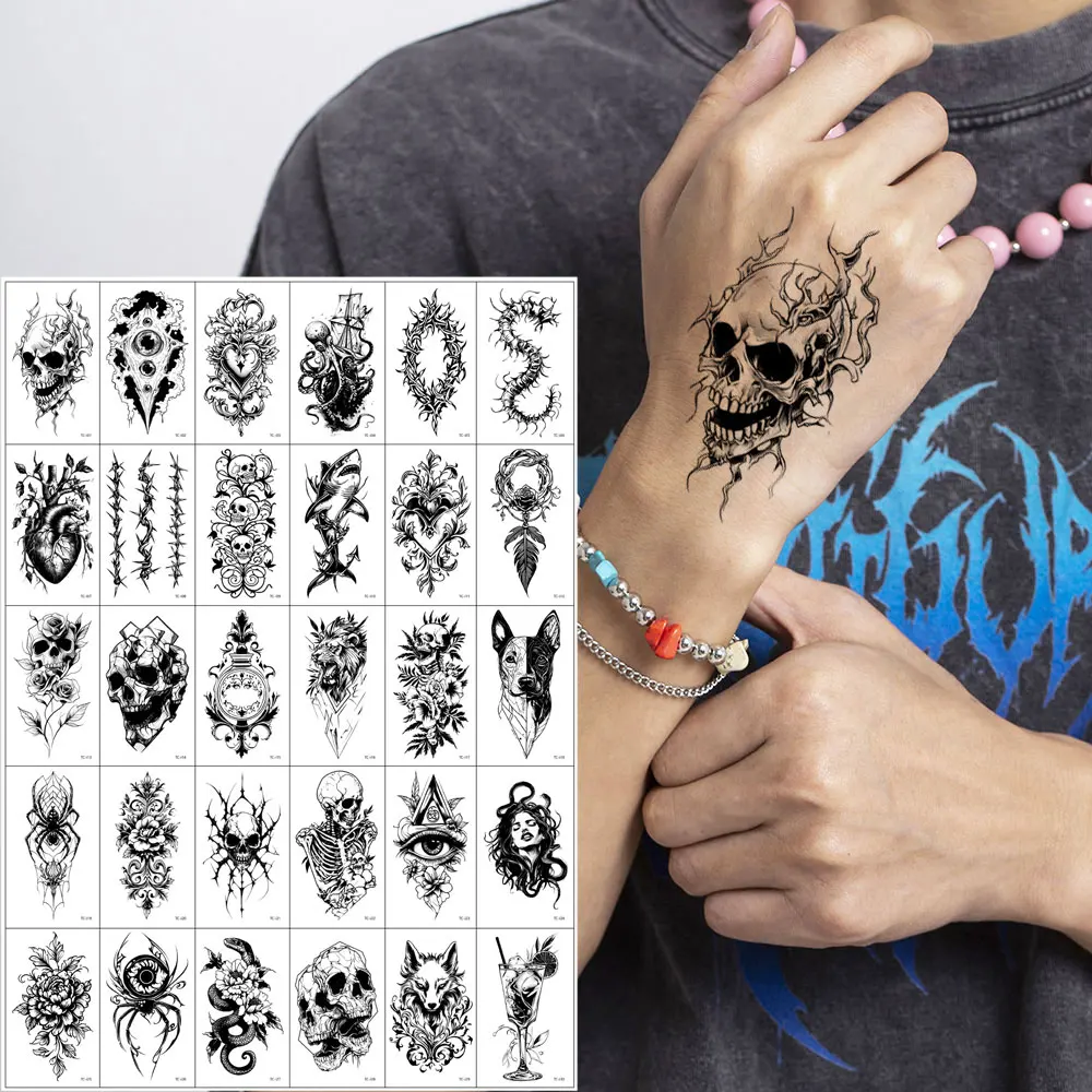 남녀공용 소형 가짜 문신, 방수 거미 해골 뱀 동물, 손 팔 바디 장식용 임시 문신, 30 장