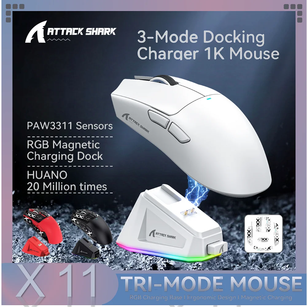 Attack Shark X11 3모드 연결/2.4GHz/블루투스, PAW3311,400IPS,22K000DPI,RGB,PC 무선 게이밍 마우스