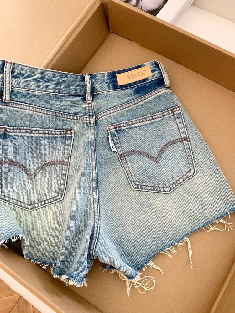 하이웨이스트 와이드 레그 A라인 반바지 여성 데님 반바지 여름 신상 만능 슬림 핫팬츠 레트로 블루 진 반바지