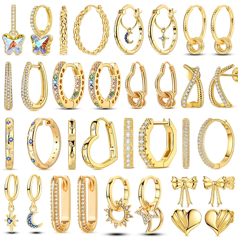 여성을위한 골드 컬러 실버 925 귀걸이 라운드 태양 달 하트 후프 귀걸이 오리지널 쥬얼리