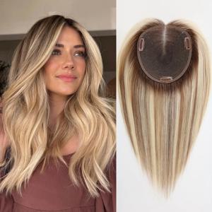 여성용 인모 부분 가발 스위스 실크 베이스 14인치 60g 앞머리 없음 금발 혼합 갈색 어두운 갈색 뿌리