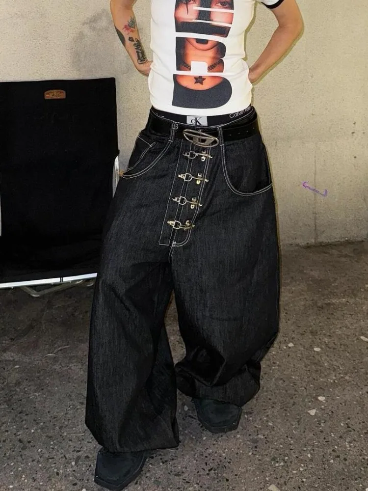 여성용 메탈 버클 디자인 곡선 와이드 레그 진 하이웨이스트 스트레이트 배기 데님 팬츠 여성 빈티지 스트릿 스타일 트라우저