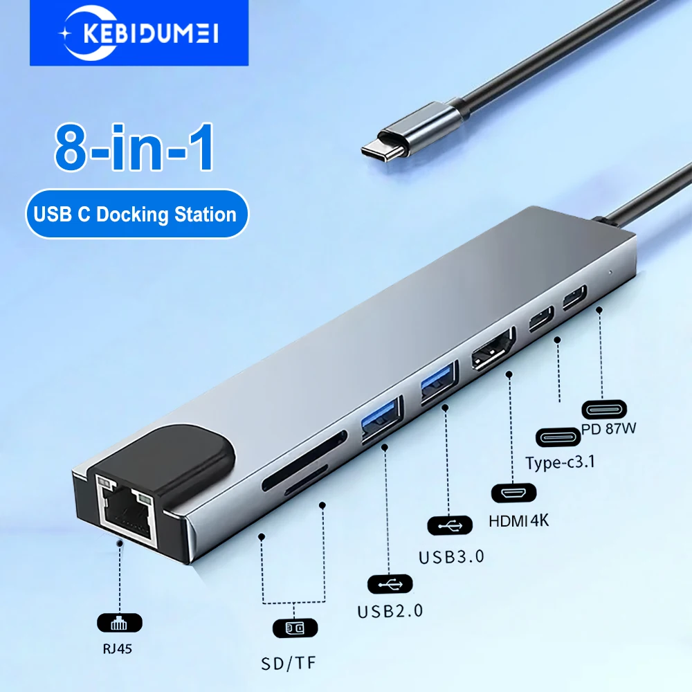 8 in 1 USB C 허브 유형 C 3.1 ~ 4K HDMI 어댑터 USB 3.0 도킹 스테이션 유형 C 분배기(노트북용 RJ45 SD/TF 카드 리더기 PD 포함) 8 in 1 USB C Hub Type C 3.1 to 4K HDMI Adapter USB 3.0 Docking Station Type C Splitter