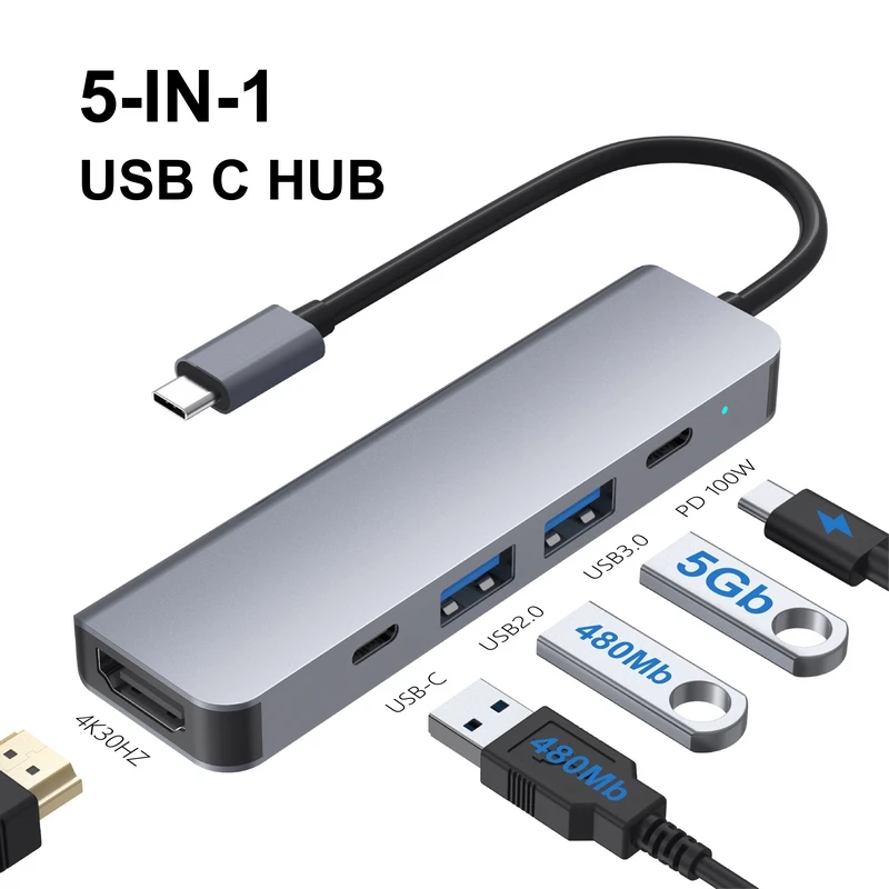 USB C 허브, 5 in 1 멀티포트 어댑터 (HDTV 4K30Hz 지원), USB-A 및 타입 C 데이터 포트, 100W PD, 맥북, 아이패드, 아이폰용 USBC 동글