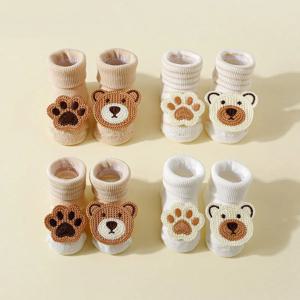 4 쌍 아기 귀여운 만화 곰 양말, 아기 미끄럼 방지 부드러운면 양말 0-12 개월 신생아 유아 소년과 소녀를위한 발목 양말