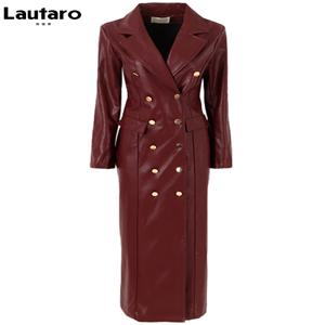 Lautaro 봄 가을 여성을위한 엑스트라 롱 블랙 인조 가죽 트렌치 코트 더블 브레스트 럭셔리 우아한 영국 패션 2022