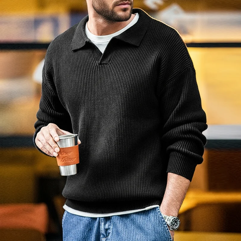 Maden 레트로 폴로 넥 니트 수직 짠 폴로 셔츠 게으른 풀오버 스웨터 남성 가을, 겨울 옷깃 부드럽고 따뜻한