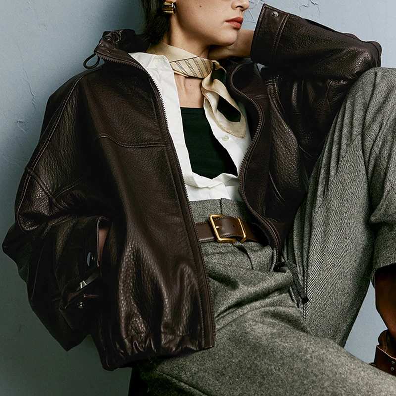 여성용 진짜 가죽 재킷, 하이 스탠드 칼라 드로스트링 더블 지퍼, 기관차 레트로 짧은 양가죽 코트, Kurtka Damska, 가을