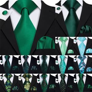 Barry.Wang 그린 실크 남성 넥타이 Hanky ​​커프스 단추 세트 민트 잔디 청록색 병 세이지 완두콩 녹색 넥타이 남성 결혼식 비즈니스 파티