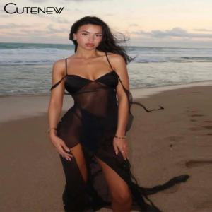 Cutenew 메쉬 맥시 드레스를 통해 볼 여성 솔리드 섹시한 리본 서스펜션 사이드 분할 매력적인 Vestidos 여성 휴가 가운