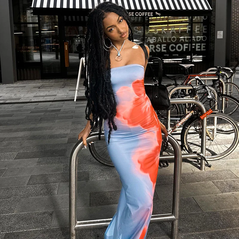 섹시한 Strapless 인쇄 튜브 맥시 드레스 여성 오프 어깨 Backless 스트레치 긴 Sundress 여름 해변 Y2K 옷