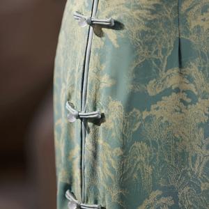 녹색 롱 치파오 드레스 젊은 소녀 빈티지 스타일 반팔 꽃무늬 낮은 슬릿 데일리웨어 폴리에스터 섬유 봄 드레스