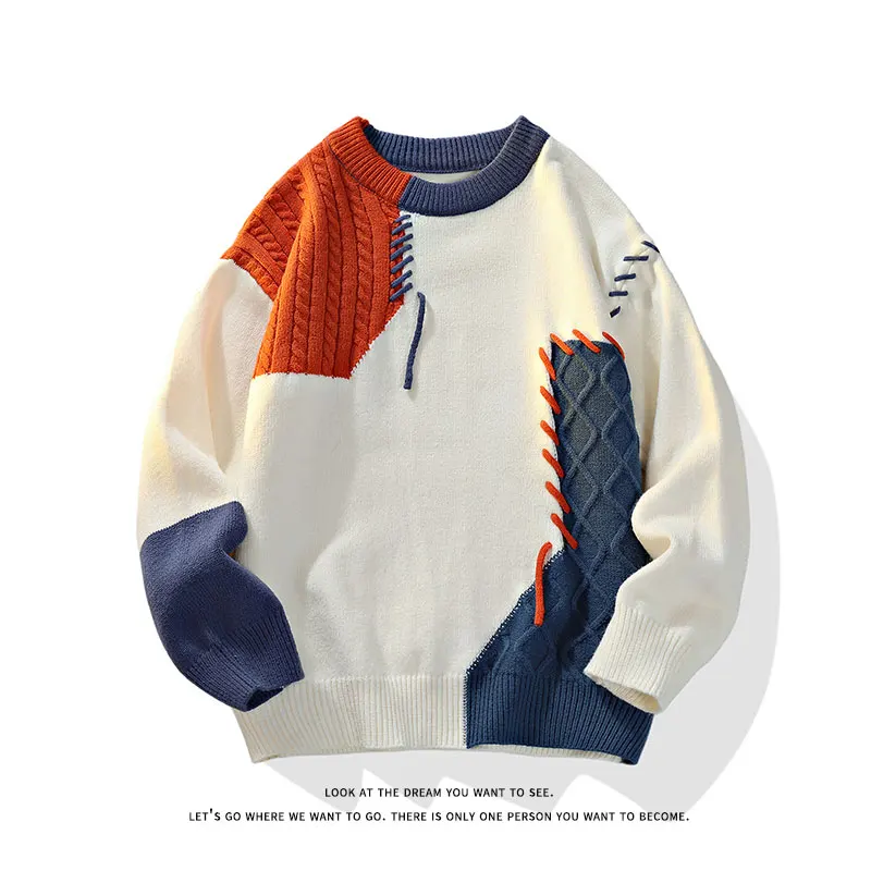 2025 가을 겨울 따뜻한 남성 스웨터 한국 스타일 패치워크 풀오버 라운드 넥 니트 스웨터 남녀 패션 니트웨어