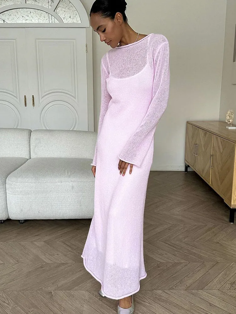 봄 가을 O넥 신축성 니트 롱 드레스 여성 2024 우아하고 시크한 부드러운 여성용 홀로우 스웨터 드레스 신상