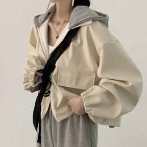 레트로 지퍼 큰 포켓 숏 후드 가죽 자켓 여성 코트 캐주얼 루즈핏 긴팔 가을 패션 여성 의류