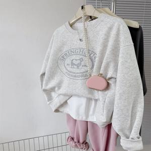 2024년 봄 시크 자수 레터링 양모 루즈핏 여성 스웨트셔츠 한국 스타일 라운드넥 긴팔 캐주얼 편안한 상의