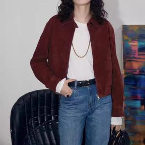 여성용 염소 가죽 스웨이드 재킷, 빈티지 패션, 메일라드 올드 머니 스타일 라펠, 슬림 숏, 정품 가죽 코트, 가을 신상