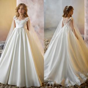 우아한 흰색 꽃 소녀 드레스, 포장 맞춤형 아플리케 쓰레기 소녀 생일 파티 가운, 아기 첫 성찬식 드레스