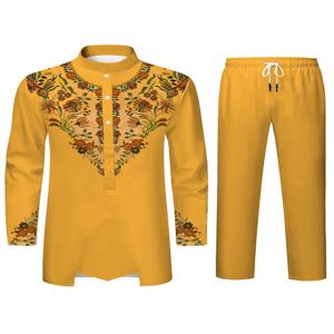 새로운 이슬람 남성 긴 소매 긴 바지 세트 3D 인쇄 인쇄 패턴 이슬람 의류 두 조각 세트 매일 착용 의류