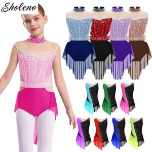 여아 체조 발레 저지, 아이스 스케이팅, 서정적 댄스 코스튬, 모크넥, 반짝이는 라인스톤, 메쉬 스커트 레오타드