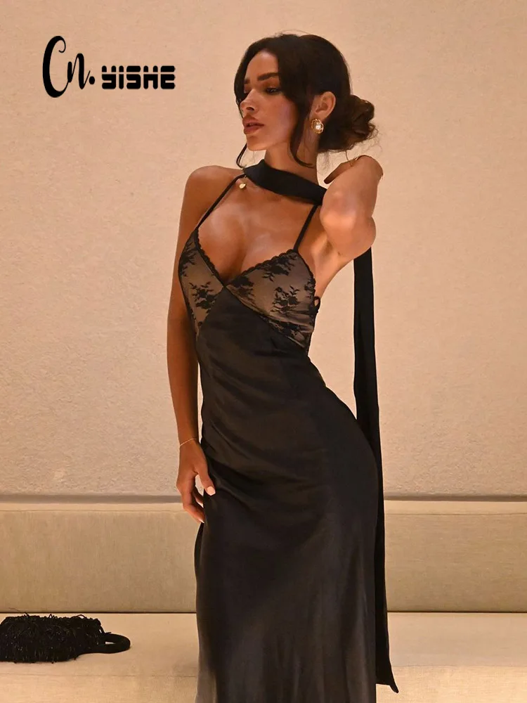 CNYISHE 레이스 패치 워크 백리스 캐미솔 여성 드레스 민소매 V 넥 의상 섹시한 클럽 패션 솔리드 여성 Vestidos 가운