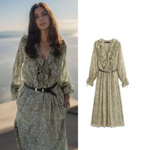 2025 여성 신상 봄 시폰 프린트 V넥 시크 슬림 롱 드레스 패션 우아한 휴가 스트릿 여성 드레스