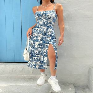 2025 가을 롱 드레스 스트랩리스 랩 가슴 하이 슬릿 데이지 레오파드 프린트 랩 스커트 맥시 드레스