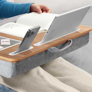 쿠션이 있는 대나무 무릎 책상 휴대용 노트북 트레이 침대 소파 또는 자동차용 인체공학적 학습 테이블 미끄럼 방지 공간 절약형 디자인