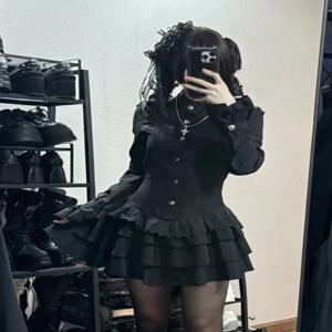 봄 빈티지 고딕 레이스 업 드레스 여성 디자인 하이 스트리트 블랙 로리타 슬림 드레스 2025 Y2k 레이스 긴 소매 의류