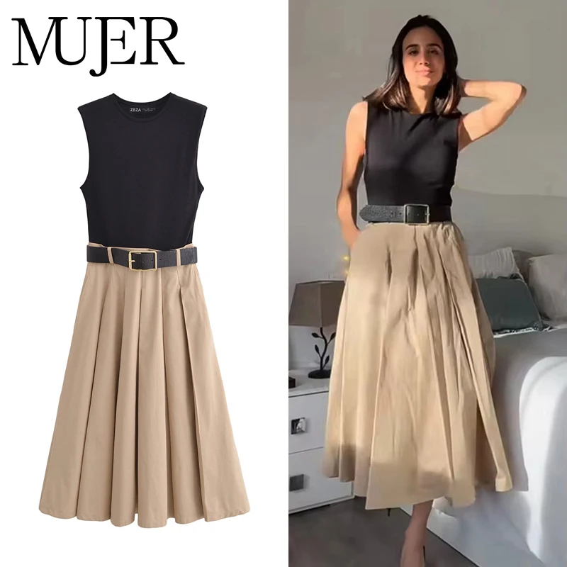 MUJER 2025 여성 드레스 벨트 Pleated 미디 드레스 여성 민소매 여름 드레스 여성 니트 파티 드레스 여성 Sundress