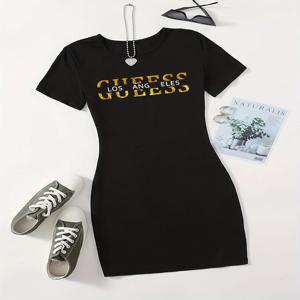 여름 숙녀 GUEESS 로스 앤젤레스 프린트 캐주얼 섹시 슬림 피트 엉덩이 포옹 반소매 라운드 넥 티셔츠 짧은 미니 스커트